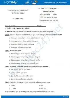 Đề thi giữa HK2 môn Sinh học lớp 6 năm 2018-2019 - Phòng GD&ĐT Pleiku có đáp án