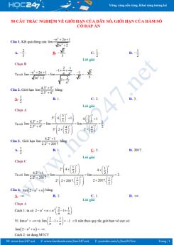 50 câu trắc nghiệm về Giới hạn của dãy số, giới hạn của hàm số có đáp án chi tiết