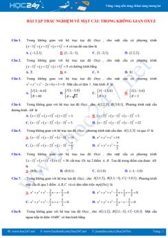 Bài tập trắc nghiệm về Mặt cầu trong không gian Oxyz có đáp án
