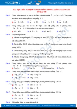 Bài tập trắc nghiệm về Mặt phẳng trong không gian Oxyz có đáp án