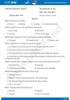 Đề kiểm tra 15 phút chương I môn Sinh lớp 7 năm 2018-2019 - Trường THCS Đức Thắng có đáp án
