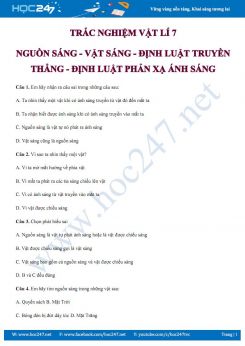 Câu hỏi trắc nghiệm ôn tập Nguồn sáng - Vật sáng - Định luật truyền thẳng - Định luật phản xạ ánh sáng môn Vật lý 7
