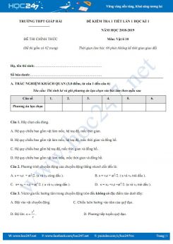 Đề kiểm tra 1 tiết giữa HKI môn Vật lý 10 năm học 2018-2019 trường THPT Giáp Hải