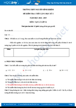 Đề kiểm tra 1 tiết lần 1 HK1 môn Vật lý 11 năm 2018-2019 trường THPT Nguyễn Bỉnh Khiêm