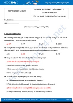 Đề kiểm tra giữa HK1 môn Vật Lý 11 năm học 2018-2019 trường THPT Lê Duẩn