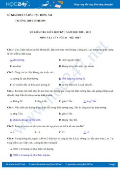 Đề thi giữa HK1 môn Vật lý 11 năm 2018-2019 trường THPT Bình Sơn có đáp án trắc nghiệm