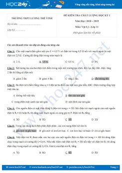 Đề thi trắc nghiệm HK1 môn Vật lý 11 trường THPT Lương Thế Vinh năm 2018-2019