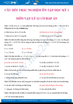 Bộ câu hỏi trắc nghiệm ôn tập Học kỳ 1 môn Vật Lý 11 có đáp án
