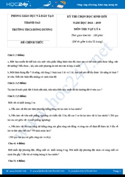 Đề thi chọn HSG lớp 6 môn Vật lý năm 2019 trường THCS Hồng Dương có đáp án