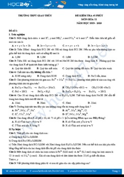 Bộ 2 đề kiểm tra 45 phút môn Hóa học 11 năm học 2019 - 2020 Trường THPT Giao Thủy