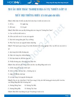 50 Câu hỏi trắc nghiệm Phần Địa lí tự nhiên môn Địa lý lớp 12 - Mức độ thông hiểu có đáp án