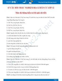 67 Câu hỏi trắc nghiệm Phần Địa lí dân cư Địa lý lớp 12 - Mức độ thông hiểu có đáp án