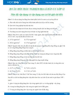 28 Câu hỏi trắc nghiệm Phần Địa lí dân cư môn Địa lý lớp 12 - Mức độ vận dụng và vận dụng cao có đáp án