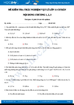 Đề kiểm tra trắc nghiệm ôn tập chương 1, 2, 3 môn Vật lý 11 năm học 2019-2020 có đáp án