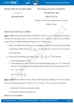 Đề thi HSG môn Vật lý lớp 10 năm 2019-2020 trường THPT Nguyễn Đình Chiểu có đáp án