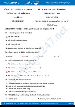 Đề thi HSG môn Vật lý lớp 11 năm 2019-2020 trường THPT Lý Nhân Tông có đáp án