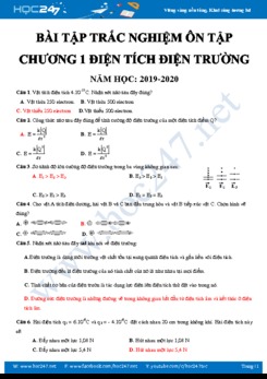 Bài tập trắc nghiệm ôn tập Chương 1 Điện tích- Điện trường năm học 2019-2020
