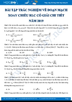 Bài tập trắc nghiệm về Đoạn mạch xoay chiều RLC có giải chi tiết năm 2019