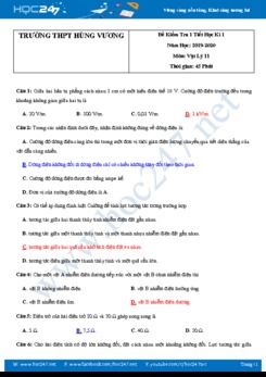 Đề kiểm tra 1 tiết HK1 môn Vật lý 11 năm học 2019-2020 trường THPT Hùng Vương