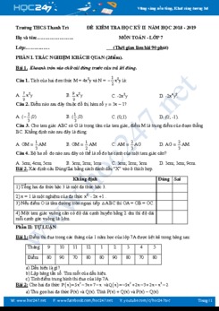 Đề thi HK2 môn Toán 7 năm 2019 Trường THCS Thanh Trì có đáp án