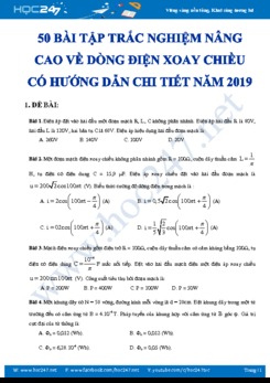 50 bài tập trắc nghiệm nâng cao về Dòng điện xoay chiều có hướng dẫn chi tiết năm 2019
