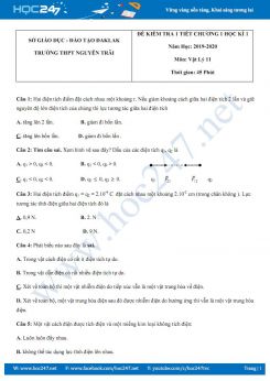 Đề kiểm tra 1 tiết Chương 1 môn Vật lý 11 năm học 2019-2020 trường THPT Nguyễn Trãi