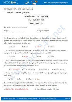 Đề kiểm tra 1 tiết HK1 môn Vật lý 10 năm học 2019-2020 trường THPT Lê Quý Đôn