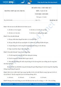 Đề kiểm tra 1 tiết HK1 môn Vật lý 10 năm học 2019-2020 trường THPT Quang Trung