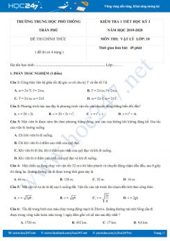 Đề kiểm tra 1 tiết HK1 môn Vật lý 10 năm học 2019-2020 trường THPT Trần Phú