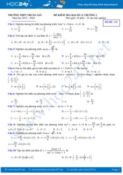 Đề kiểm tra 1 tiết Chương 1 ĐS & GT 11 Trường THPT Trung Giã năm học 2019 - 2020