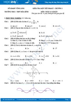 Đề kiểm tra 1 tiết Chương 1 Toán 11 Trường THPT Hòa Bình năm học 2019 - 2020