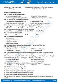 Đề kiểm tra một tiết lần 1 môn Hóa học 10 năm 2019 - 2020 Trường THPT Phan Châu Trinh