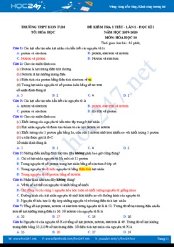 Đề kiểm tra một tiết lần 1 môn Hóa học 10 năm 2019 - 2020 Trường THPT Kon Tum