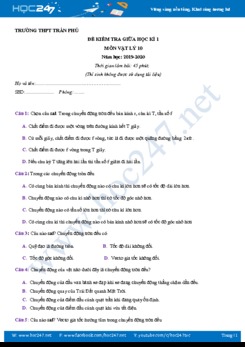 Đề thi giữa HK1 môn Vật lý 10 năm 2019-2020 trường THPT Trần Phú có đáp án