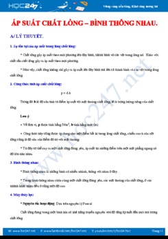 Luyện tập về Áp suất chất lỏng – Bình thông nhau có đáp án