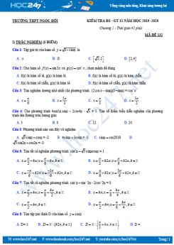 Đề kiểm tra 1 tiết Chương 1 Đại số 11 năm học 2019 - 2020 có đáp án Trường THPT Ngọc Hồi