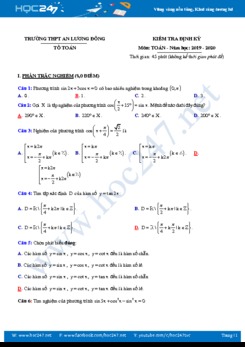 Đề kiểm tra 1 tiết Chương 1 ĐS & GT 11 năm 2019 - 2020 Trường THPT An Lương Đông