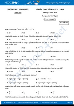 Đề kiểm tra 1 tiết Chương 2 ĐS & GT 11 năm học 2019 - 2020 Trường THPT Số 2 Mộ Đức