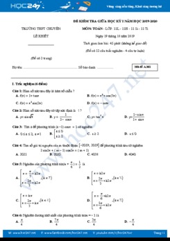 Đề thi giữa HK1 môn Toán 11 năm học 2019 - 2020 có đáp án Trường THPT Lê Khiết