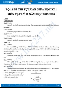 Bộ 10 Đề thi tự luận giữa Học kì 1 môn Vật lý 11 năm học 2019-2020