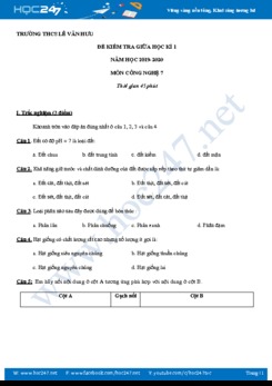 Đề kiểm tra giữa HK1 môn Công Nghệ 7 năm học 2019-2020 trường THCS Lê Văn Hưu