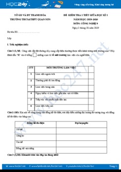 Đề kiểm tra giữa HK1 môn Công Nghệ 9 năm học 2019-2020 trường THCS&THPT Quan Sơn