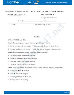 Đề thi giữa HK1 môn Sinh lớp 6 năm 2019-2020 - Trường THCS Độc Lập có đáp án