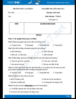 Đề thi giữa HK1 môn Sinh lớp 7 năm 2019-2020 - Trường THCS Cao Nhân có đáp án