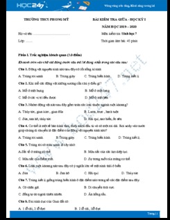 Đề thi giữa HK1 môn Sinh lớp 7 năm 2019-2020 - Trường THCS Phong Mỹ có đáp án