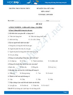 Đề thi giữa HK1 môn Sinh lớp 7 năm 2019-2020 - Trường THCS Thắng Thủy có đáp án