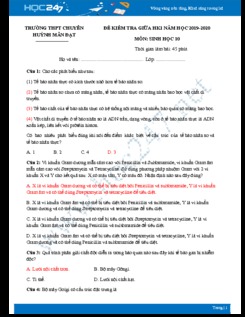 Đề thi giữa HK1 môn Sinh lớp 10 năm 2019-2020 - Trường THPT Chuyên Huỳnh Mẫn Đạt có đáp án