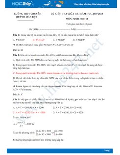 Đề thi giữa HK1 môn Sinh lớp 12 năm 2019-2020 - Trường THPT Chuyên Huỳnh Mẫn Đạt có đáp án