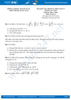 Đề kiểm tra định kì tháng 10 môn Toán 9 năm 2019-2020 Trường THCS Thanh Xuân Nam