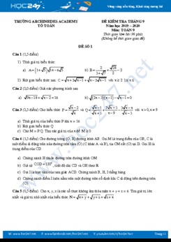 Bộ 2 Đề kiểm tra định kì HK1 môn Toán 9 năm 2019-2020 Trường Archimedes Academy